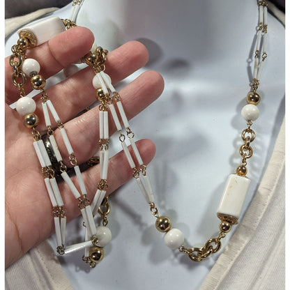 Vintage Glam White And Gold Tone Beaded Chain Opera Necklace