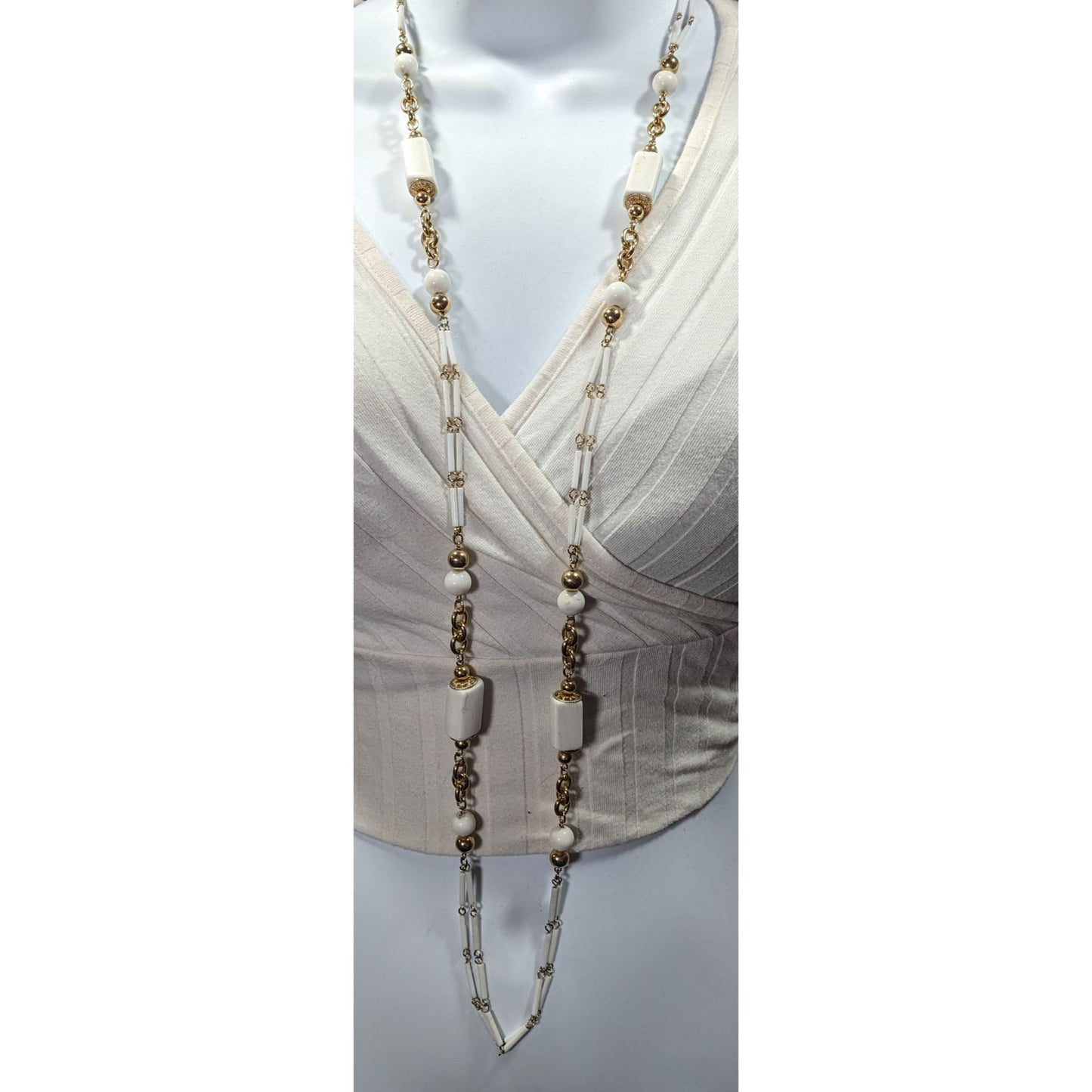 Vintage Glam White And Gold Tone Beaded Chain Opera Necklace