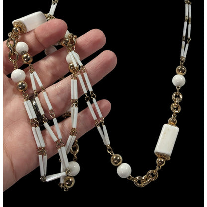 Vintage Glam White And Gold Tone Beaded Chain Opera Necklace