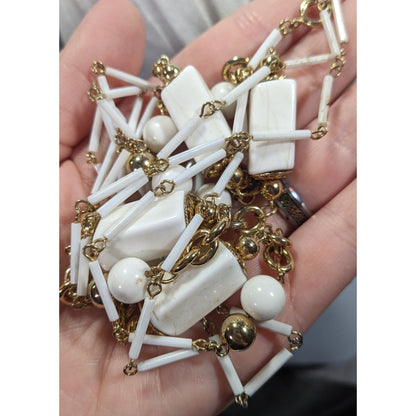 Vintage Glam White And Gold Tone Beaded Chain Opera Necklace