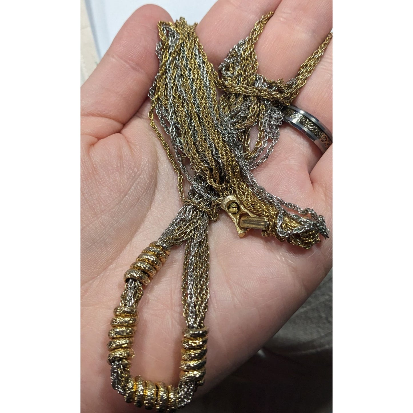 Vintage Brutalist Chain And Coil Beaded Silver And Gold Tone Necklace