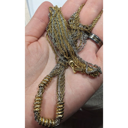 Vintage Brutalist Chain And Coil Beaded Silver And Gold Tone Necklace