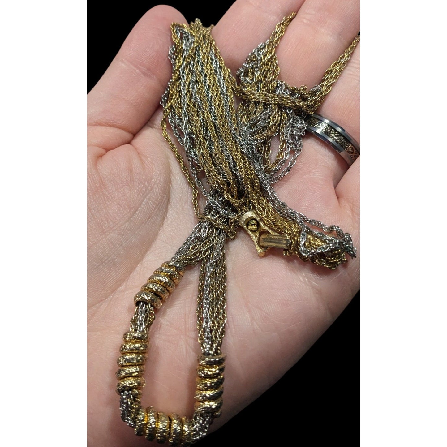 Vintage Brutalist Chain And Coil Beaded Silver And Gold Tone Necklace