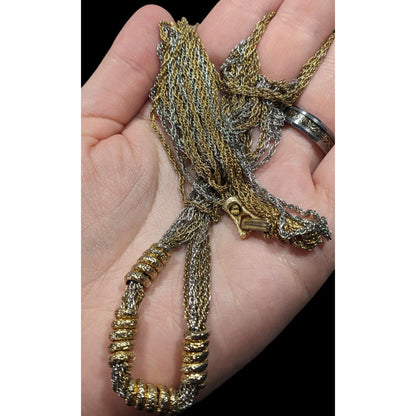Vintage Brutalist Chain And Coil Beaded Silver And Gold Tone Necklace