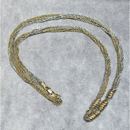 Vintage Brutalist Chain And Coil Beaded Silver And Gold Tone Necklace