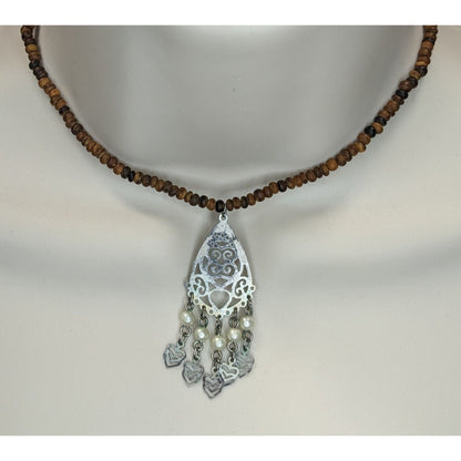 Bohemian Wood Bead Necklace With Filigree Pendant Faux Pearls & Dangling Hearts