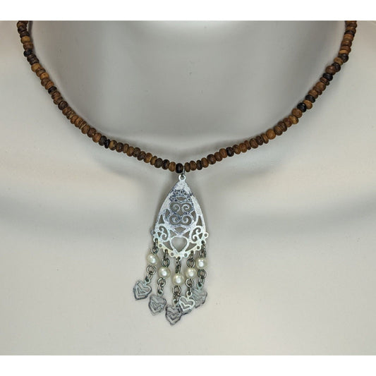Bohemian Wood Bead Necklace With Filigree Pendant Faux Pearls & Dangling Hearts