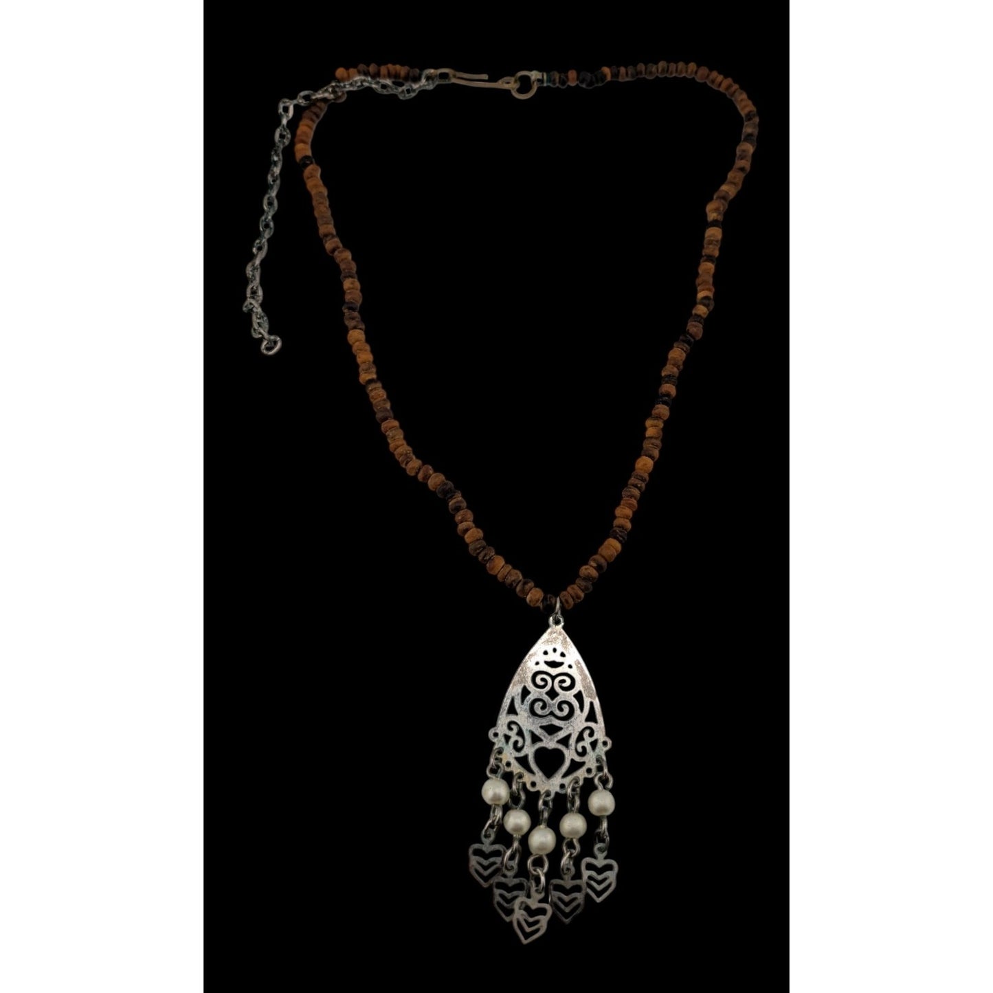 Bohemian Wood Bead Necklace With Filigree Pendant Faux Pearls & Dangling Hearts