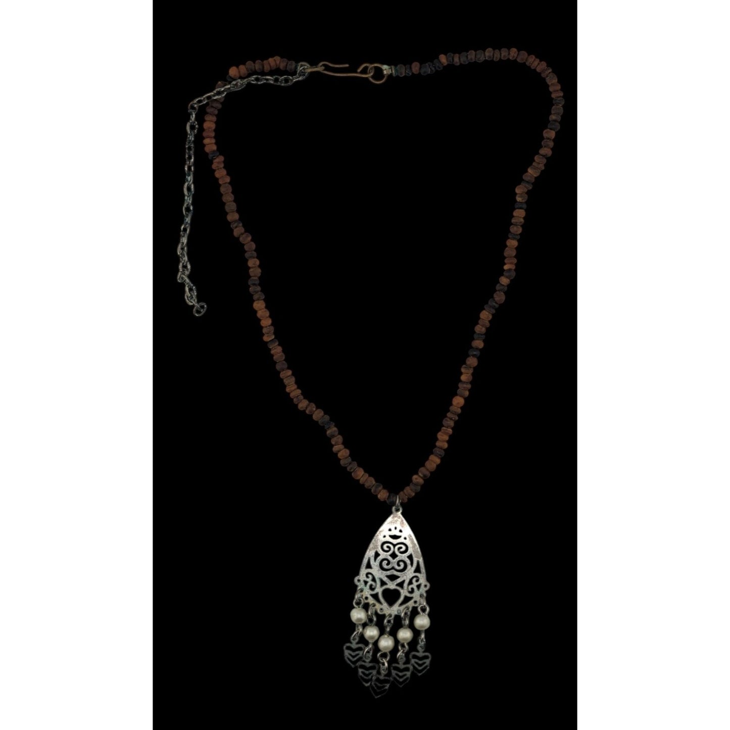 Bohemian Wood Bead Necklace With Filigree Pendant Faux Pearls & Dangling Hearts