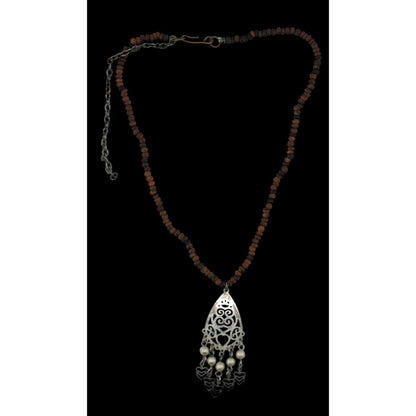 Bohemian Wood Bead Necklace With Filigree Pendant Faux Pearls & Dangling Hearts