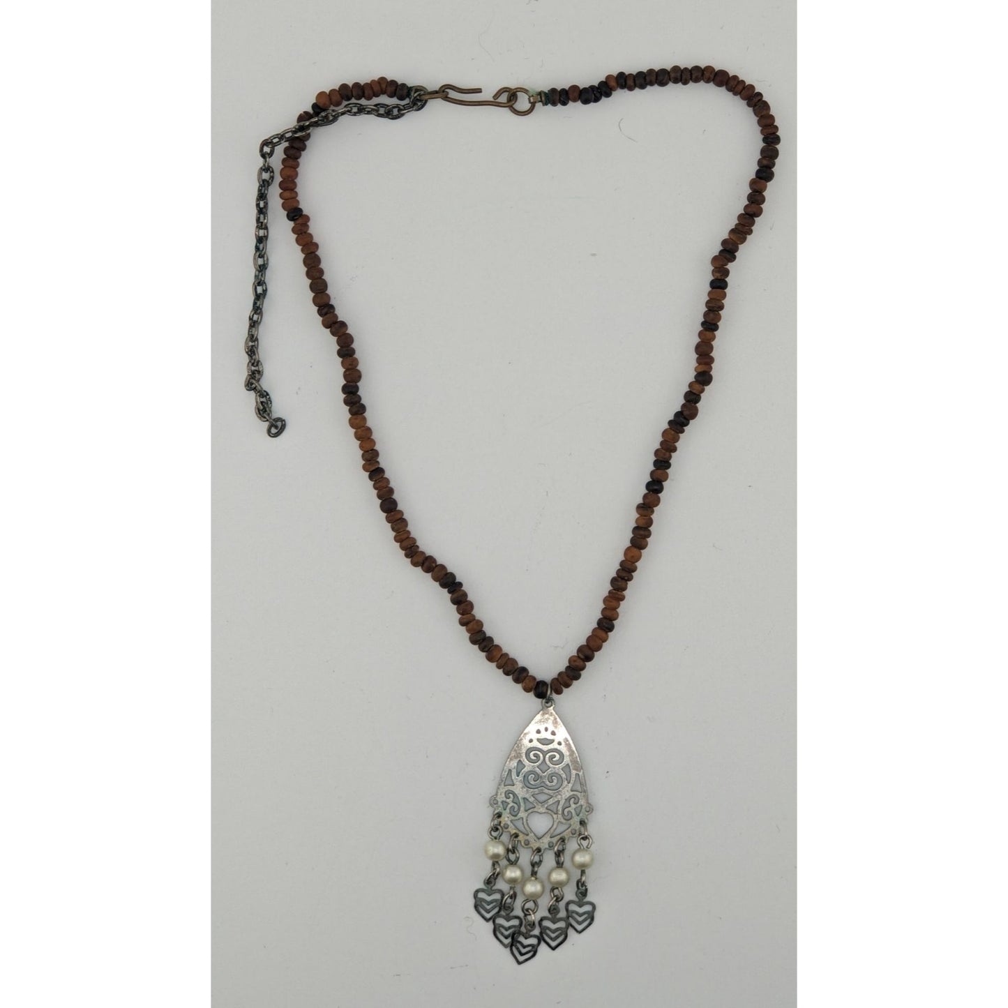 Bohemian Wood Bead Necklace With Filigree Pendant Faux Pearls & Dangling Hearts