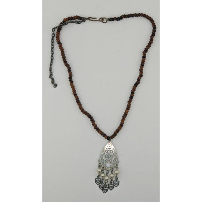 Bohemian Wood Bead Necklace With Filigree Pendant Faux Pearls & Dangling Hearts