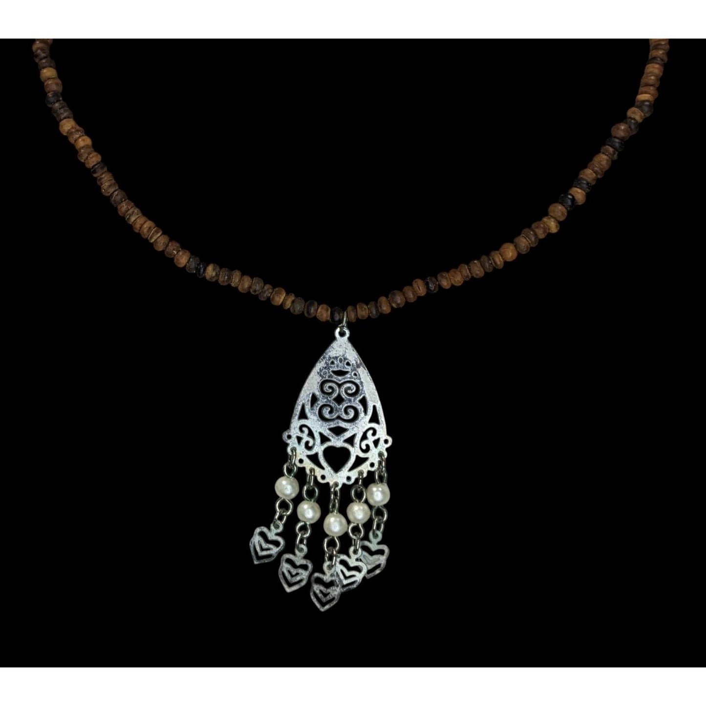 Bohemian Wood Bead Necklace With Filigree Pendant Faux Pearls & Dangling Hearts