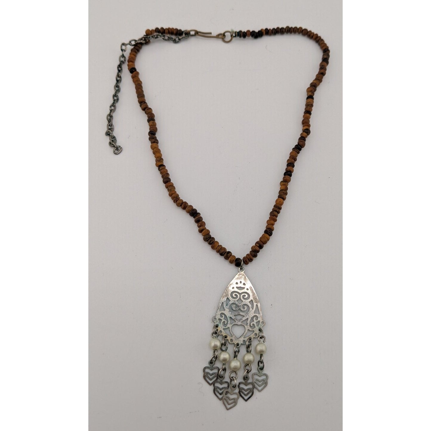 Bohemian Wood Bead Necklace With Filigree Pendant Faux Pearls & Dangling Hearts