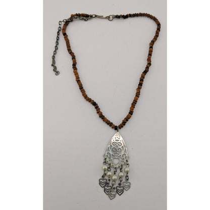 Bohemian Wood Bead Necklace With Filigree Pendant Faux Pearls & Dangling Hearts