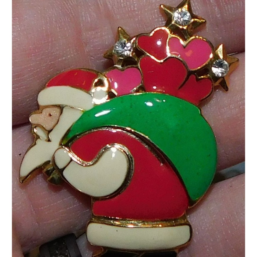 Retro Santa Brooch Pink And Green With Rhinestones