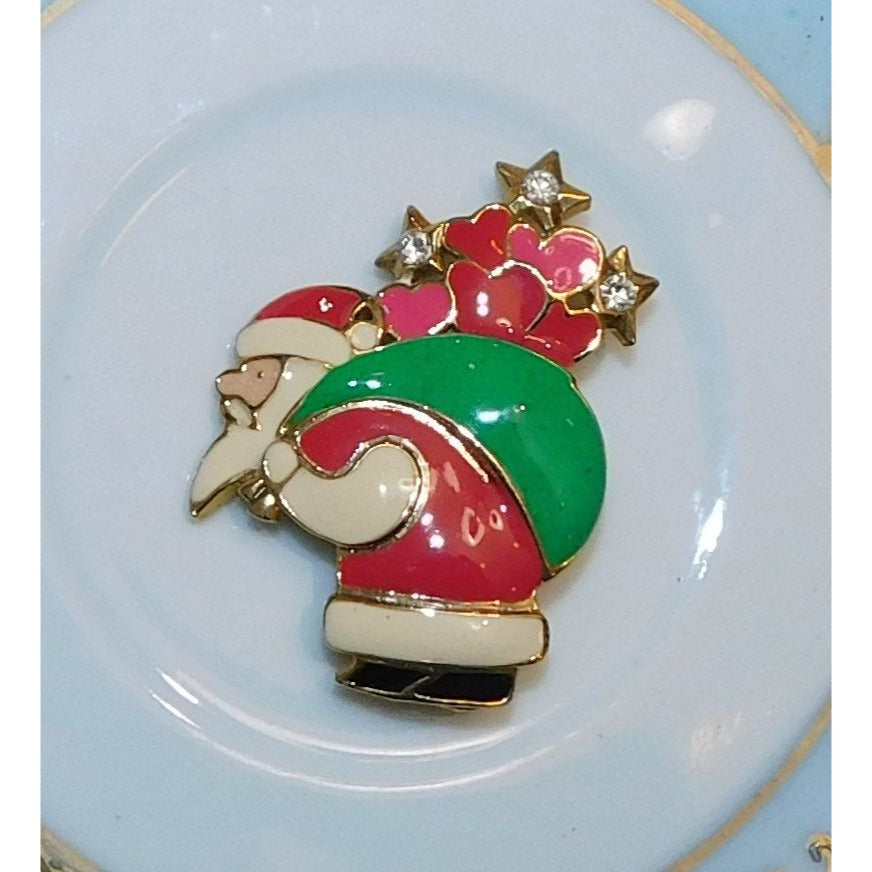 Retro Santa Brooch Pink And Green With Rhinestones