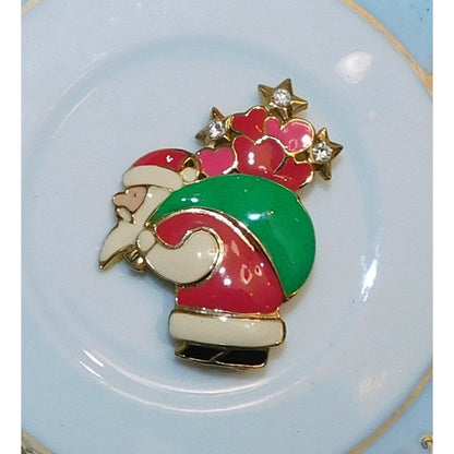 Retro Santa Brooch Pink And Green With Rhinestones