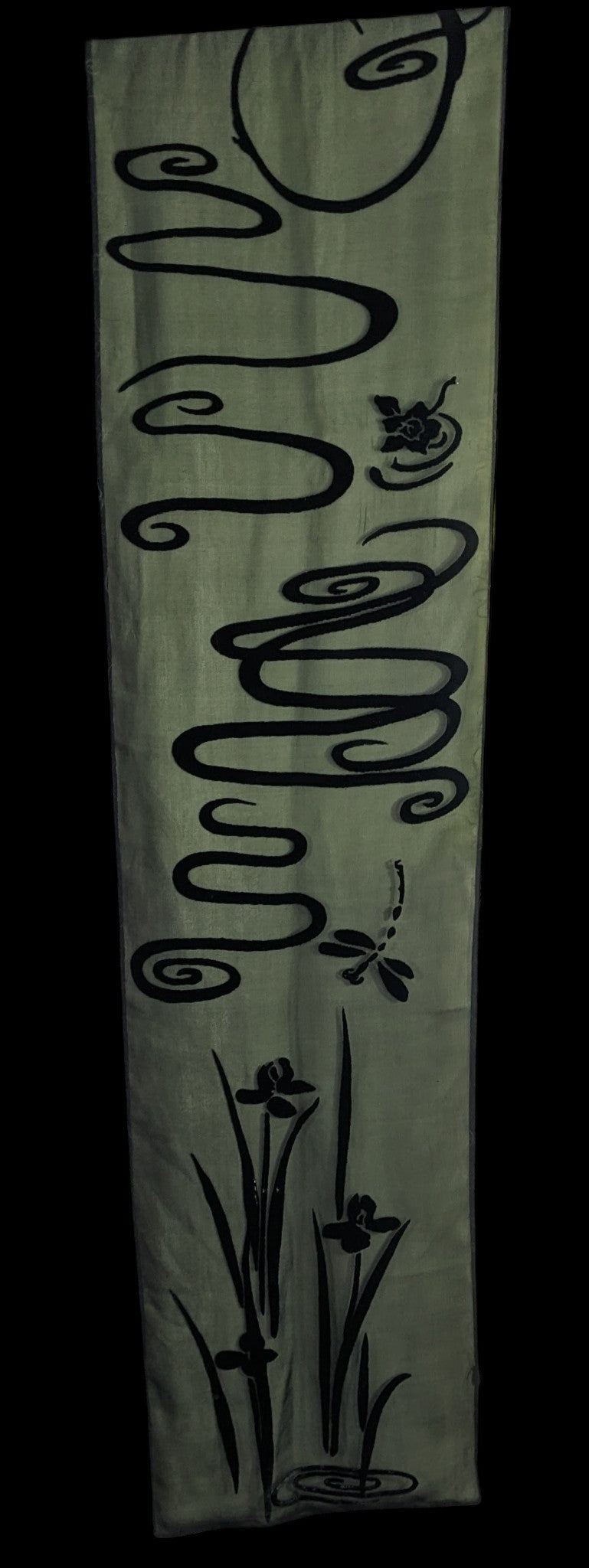 Vintage 90s Gothic Burnt Velvet Floral Scarf Green & Black Dragonfly & Iris Design