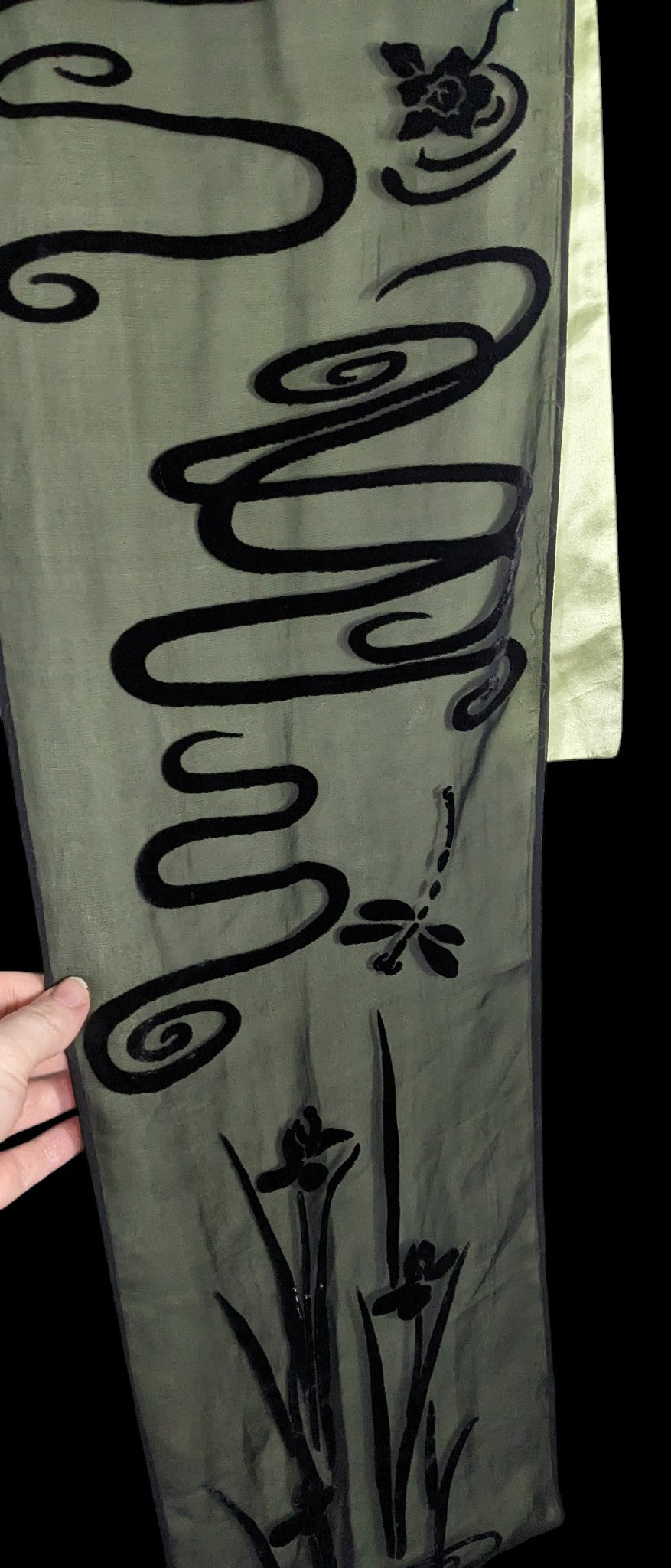Vintage 90s Gothic Burnt Velvet Floral Scarf Green & Black Dragonfly & Iris Design