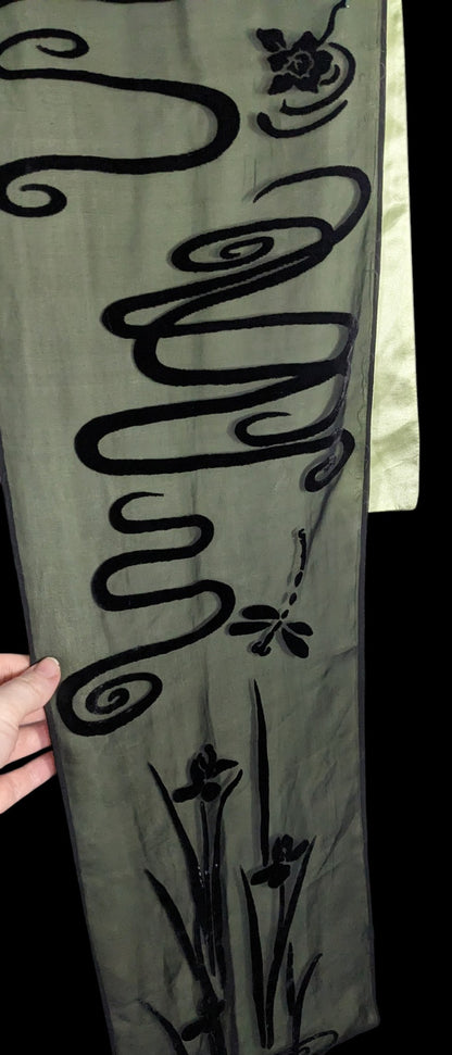 Vintage 90s Gothic Burnt Velvet Floral Scarf Green & Black Dragonfly & Iris Design