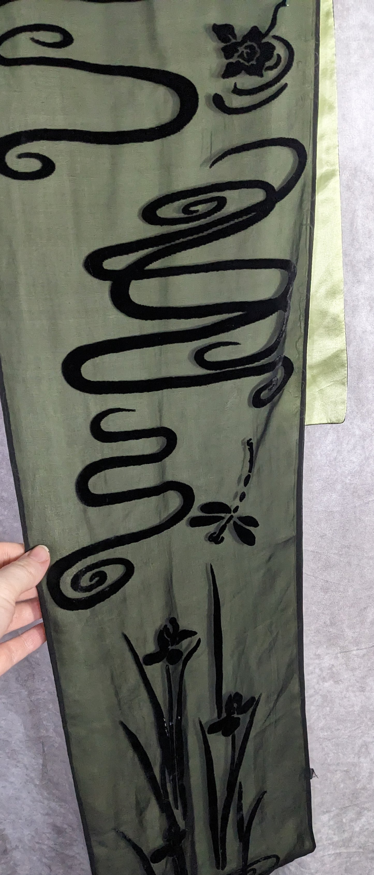 Vintage 90s Gothic Burnt Velvet Floral Scarf Green & Black Dragonfly & Iris Design
