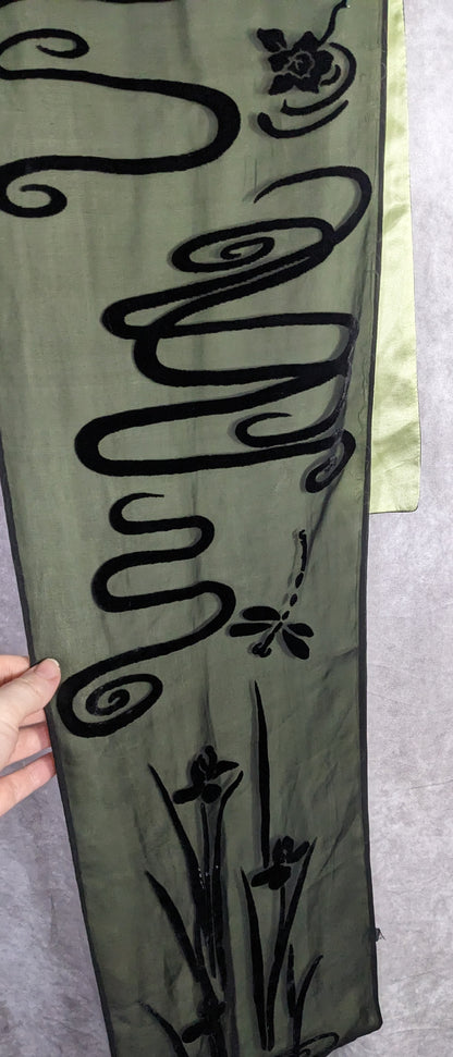 Vintage 90s Gothic Burnt Velvet Floral Scarf Green & Black Dragonfly & Iris Design