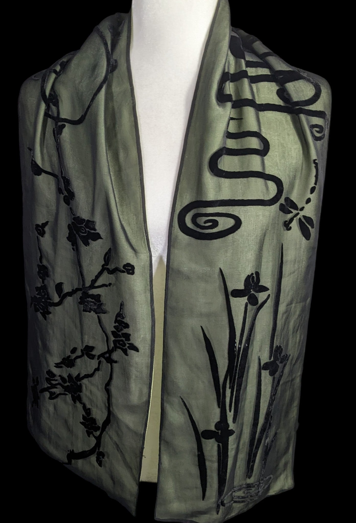 Vintage 90s Gothic Burnt Velvet Floral Scarf Green & Black Dragonfly & Iris Design
