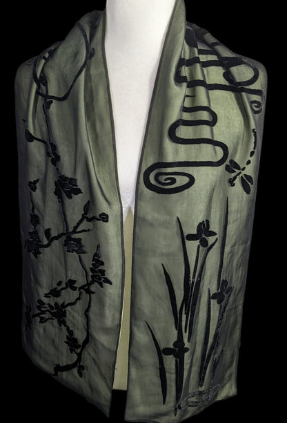 Vintage 90s Gothic Burnt Velvet Floral Scarf Green & Black Dragonfly & Iris Design