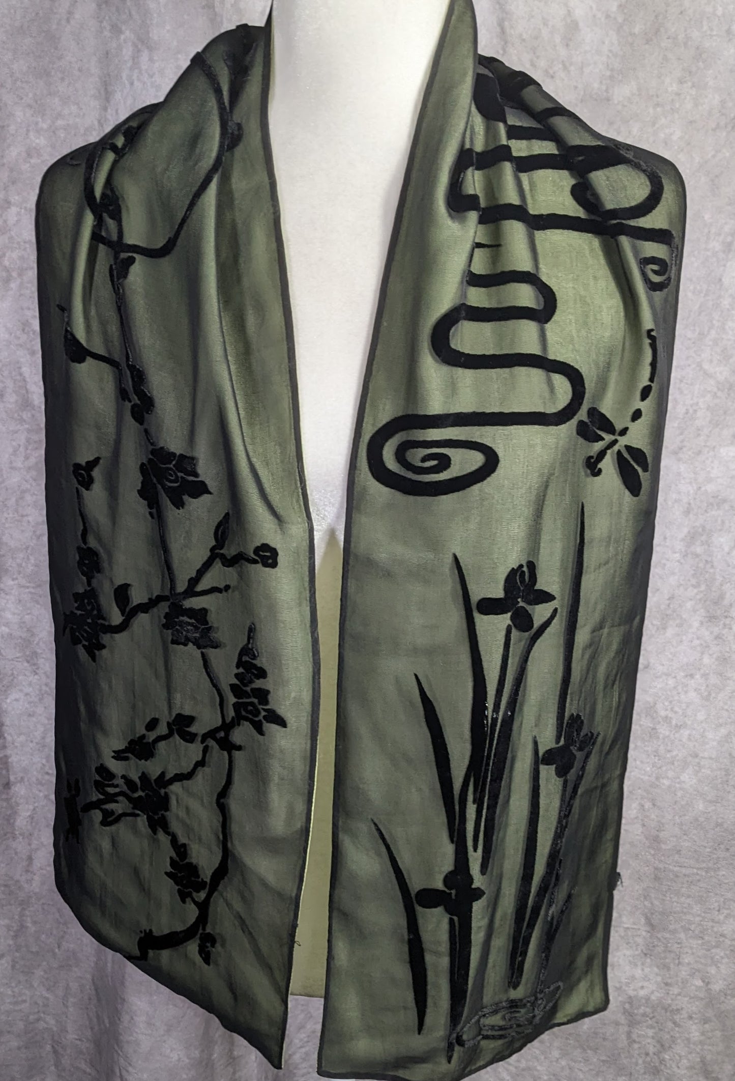 Vintage 90s Gothic Burnt Velvet Floral Scarf Green & Black Dragonfly & Iris Design