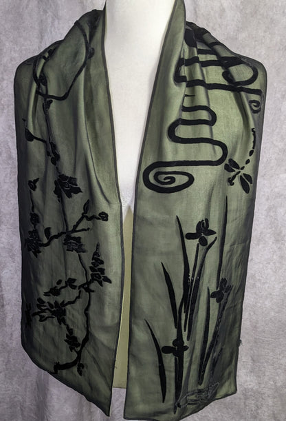 Vintage 90s Gothic Burnt Velvet Floral Scarf Green & Black Dragonfly & Iris Design