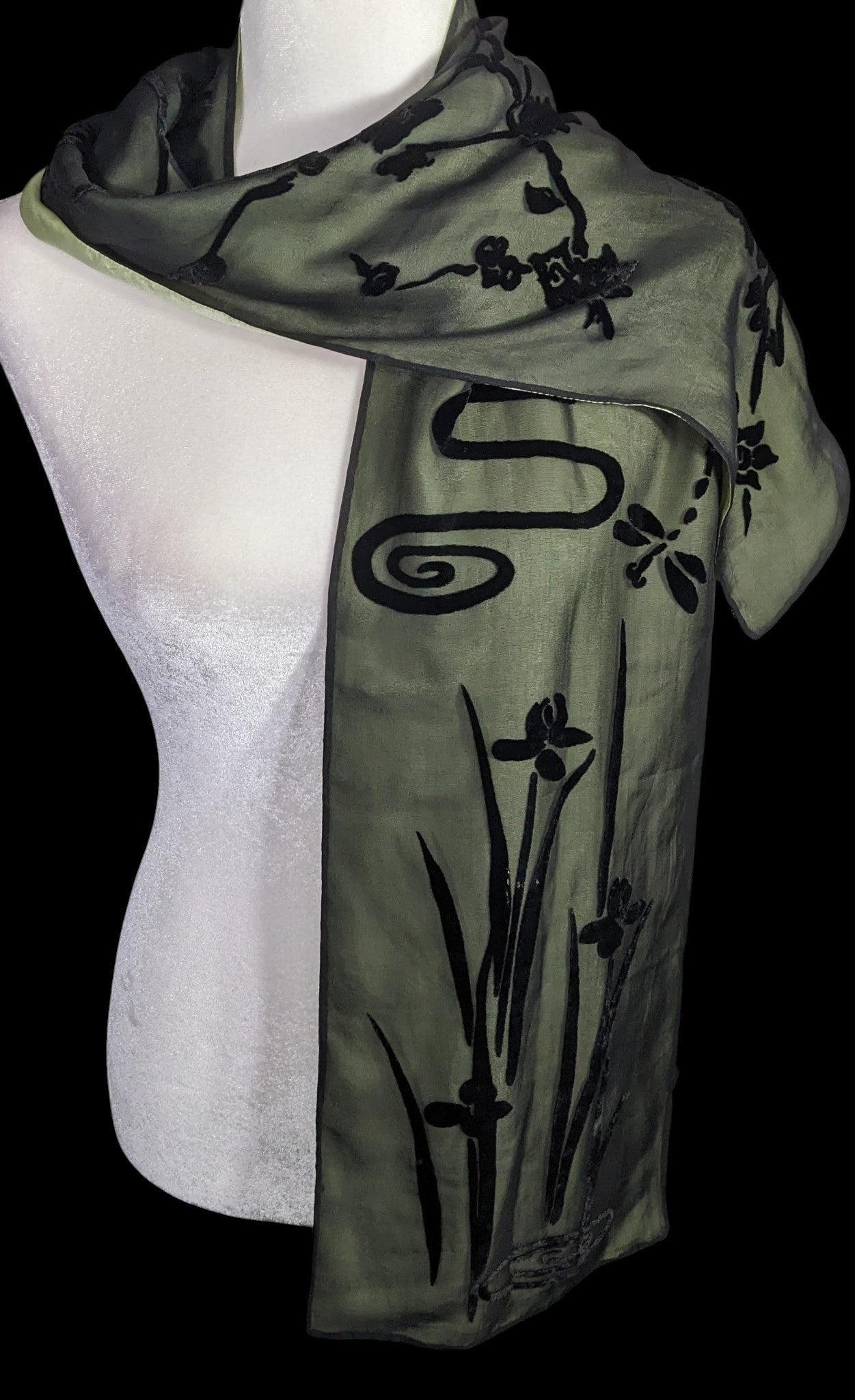 Vintage 90s Gothic Burnt Velvet Floral Scarf Green & Black Dragonfly & Iris Design