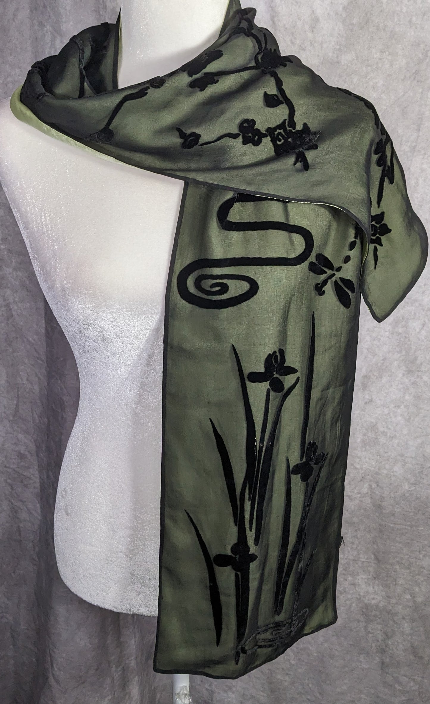 Vintage 90s Gothic Burnt Velvet Floral Scarf Green & Black Dragonfly & Iris Design
