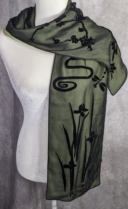 Vintage 90s Gothic Burnt Velvet Floral Scarf Green & Black Dragonfly & Iris Design