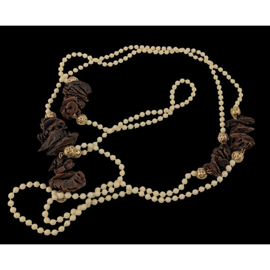 Vintage Cream Beaded Necklace With Faux Walnut Beaded And Gold-Tone Accents