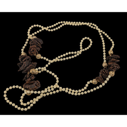 Vintage Cream Beaded Necklace With Faux Walnut Beaded And Gold-Tone Accents