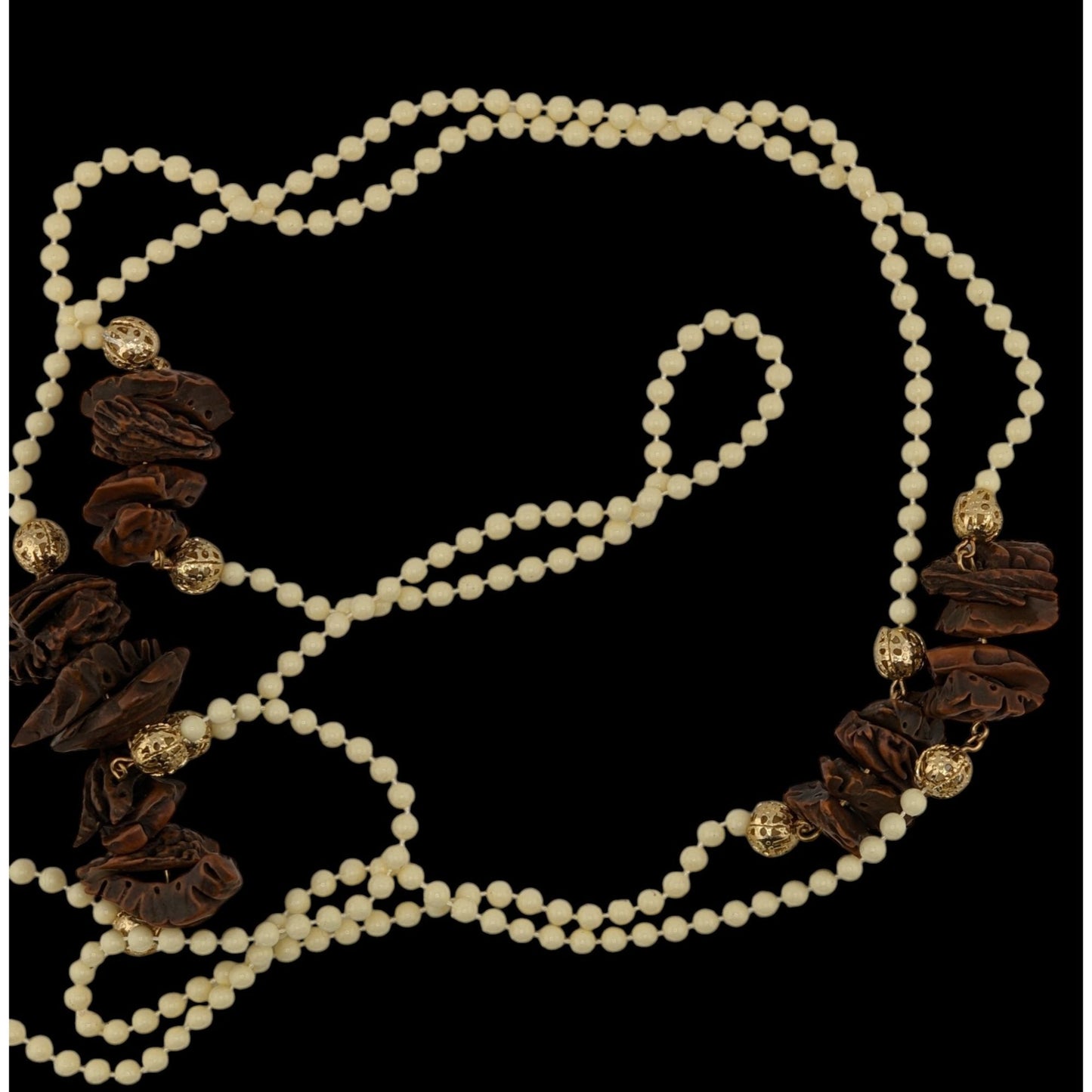 Vintage Cream Beaded Necklace With Faux Walnut Beaded And Gold-Tone Accents