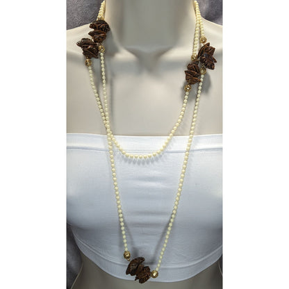 Vintage Cream Beaded Necklace With Faux Walnut Beaded And Gold-Tone Accents
