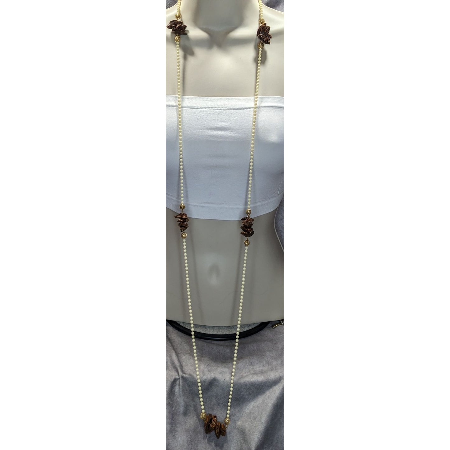 Vintage Cream Beaded Necklace With Faux Walnut Beaded And Gold-Tone Accents