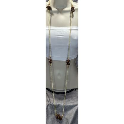 Vintage Cream Beaded Necklace With Faux Walnut Beaded And Gold-Tone Accents