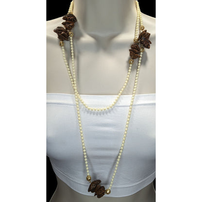 Vintage Cream Beaded Necklace With Faux Walnut Beaded And Gold-Tone Accents