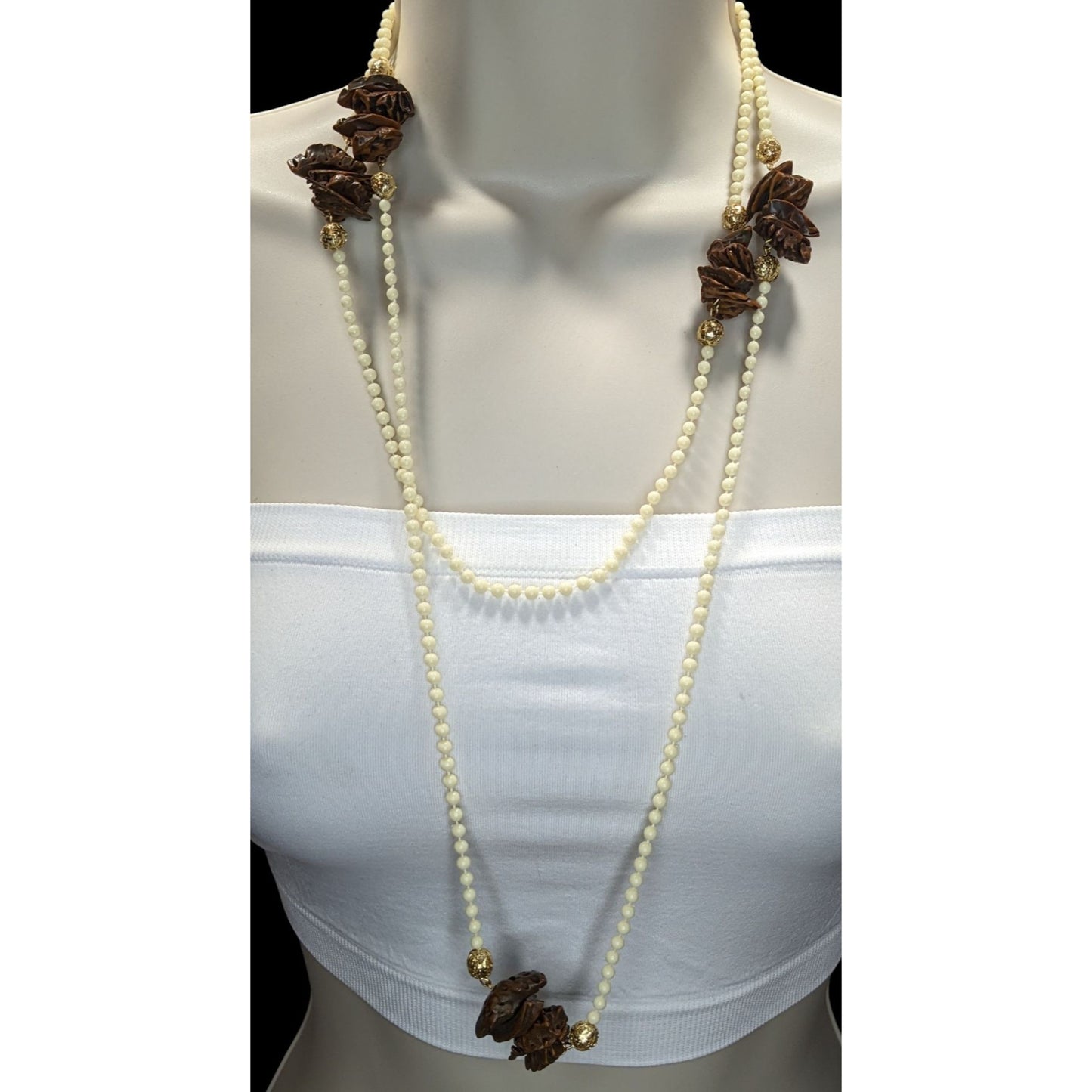 Vintage Cream Beaded Necklace With Faux Walnut Beaded And Gold-Tone Accents