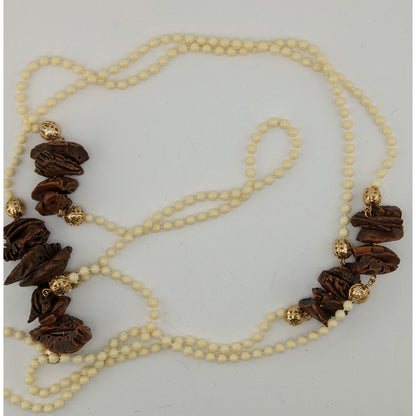 Vintage Cream Beaded Necklace With Faux Walnut Beaded And Gold-Tone Accents
