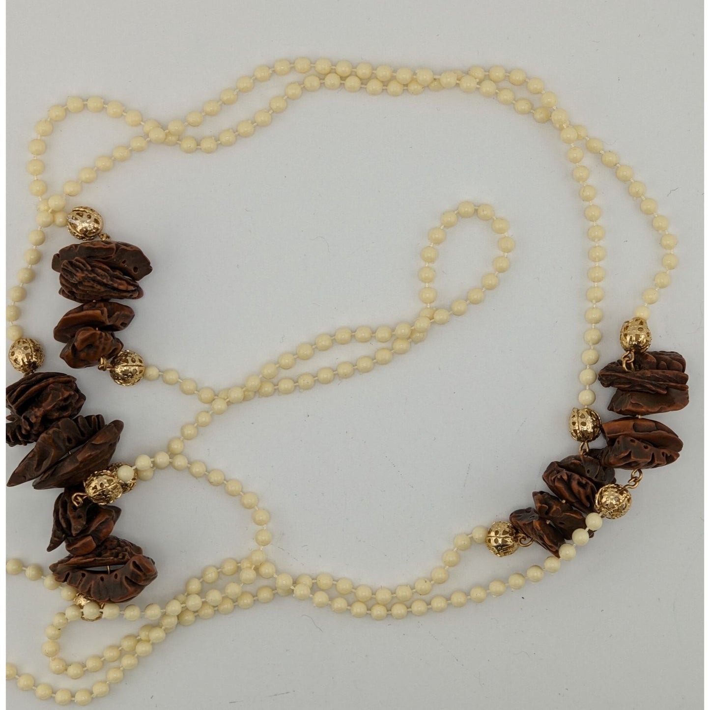 Vintage Cream Beaded Necklace With Faux Walnut Beaded And Gold-Tone Accents
