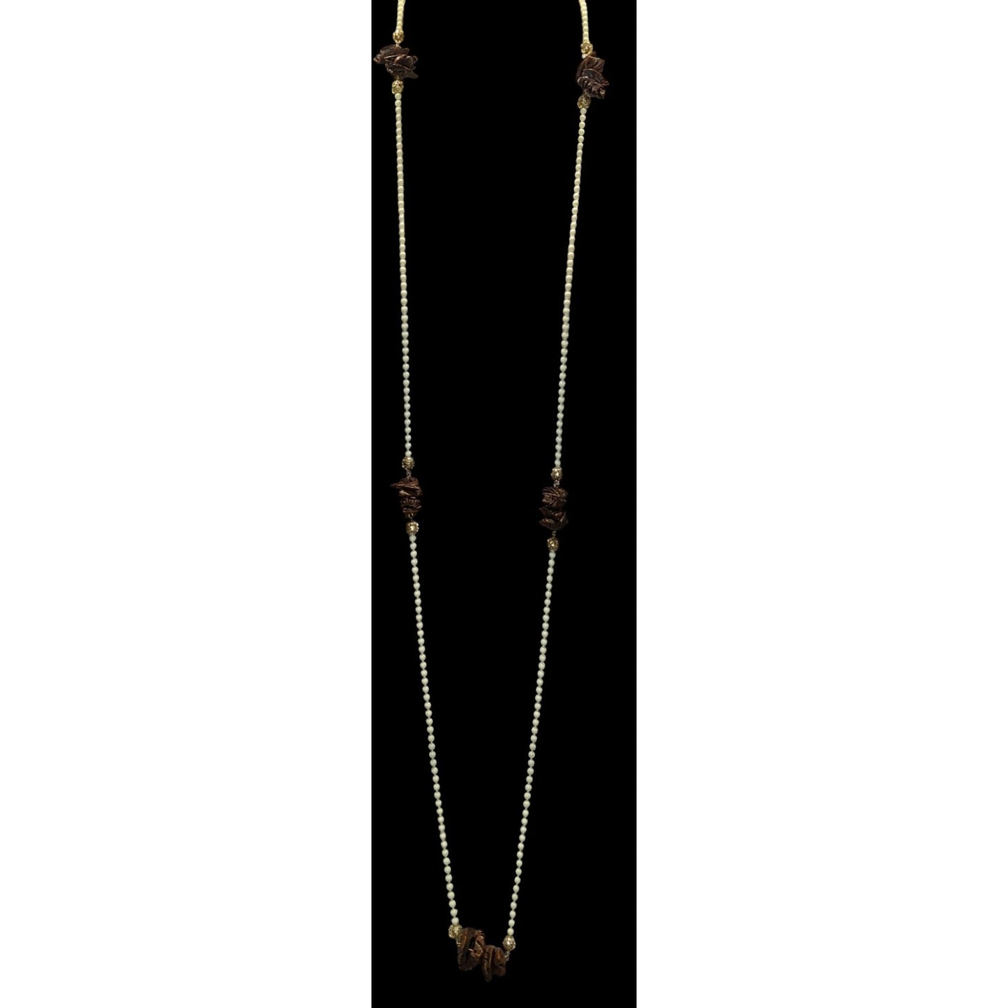Vintage Cream Beaded Necklace With Faux Walnut Beaded And Gold-Tone Accents
