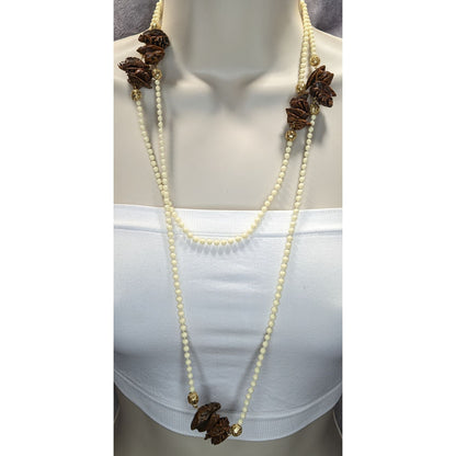 Vintage Cream Beaded Necklace With Faux Walnut Beaded And Gold-Tone Accents