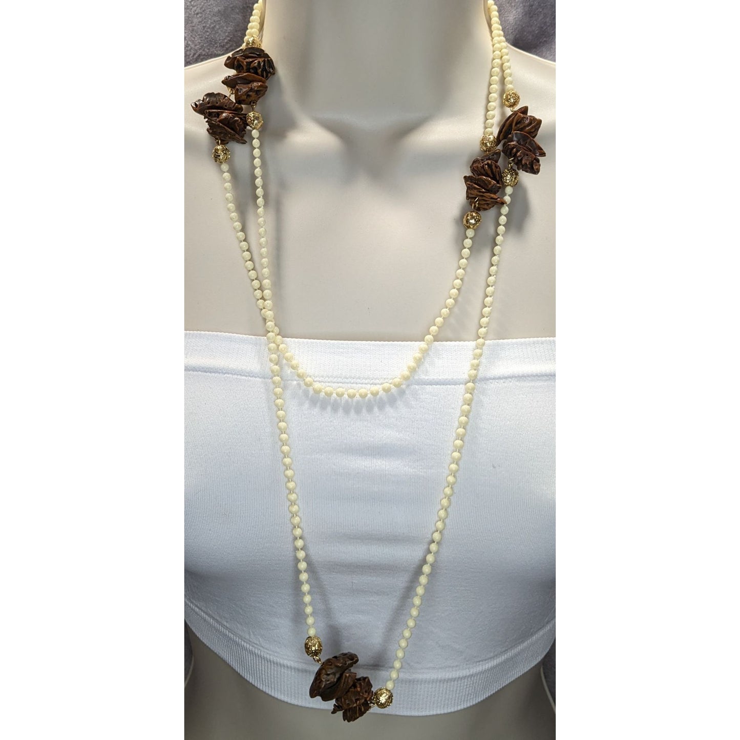 Vintage Cream Beaded Necklace With Faux Walnut Beaded And Gold-Tone Accents