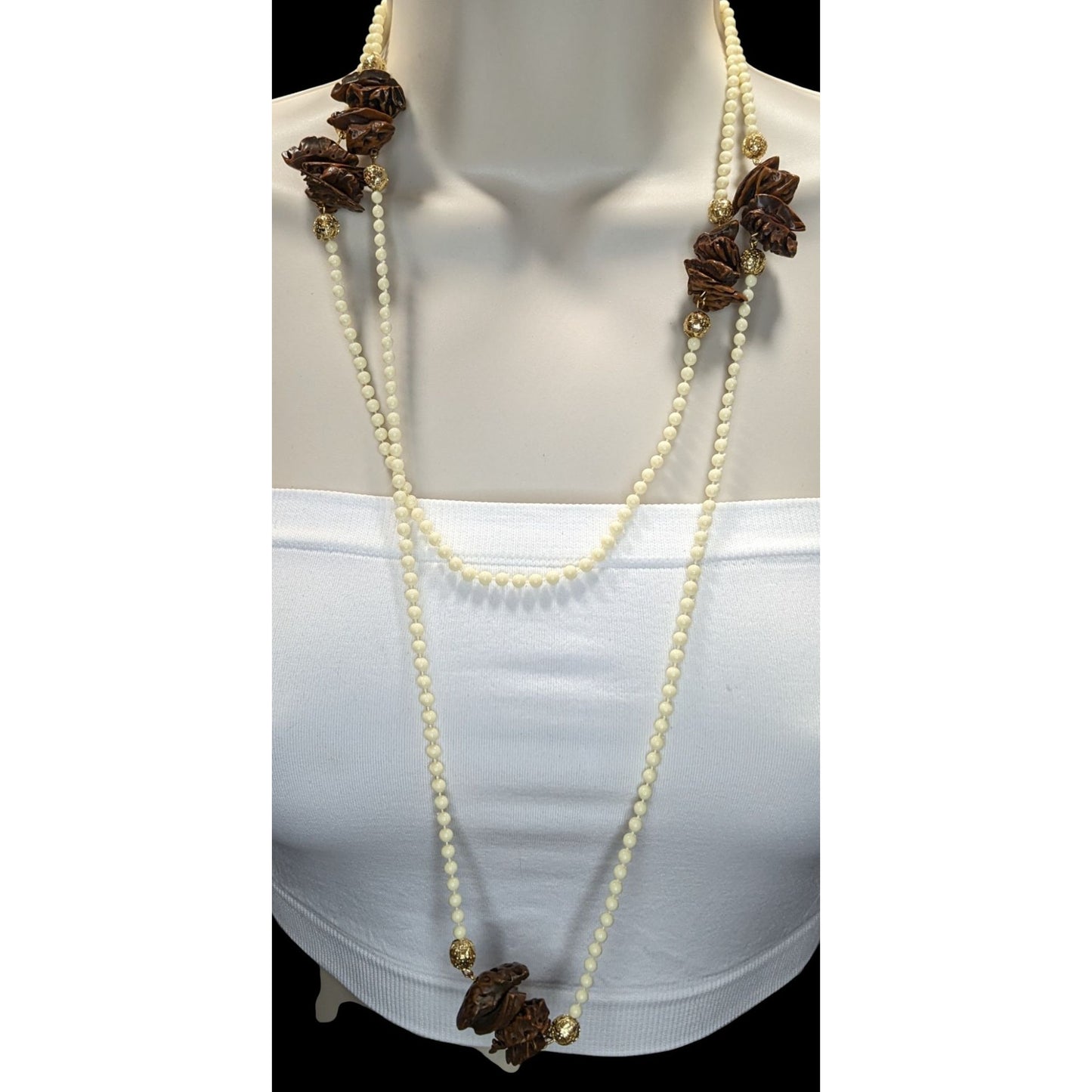 Vintage Cream Beaded Necklace With Faux Walnut Beaded And Gold-Tone Accents