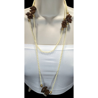 Vintage Cream Beaded Necklace With Faux Walnut Beaded And Gold-Tone Accents