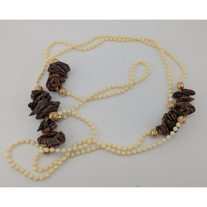 Vintage Cream Beaded Necklace With Faux Walnut Beaded And Gold-Tone Accents
